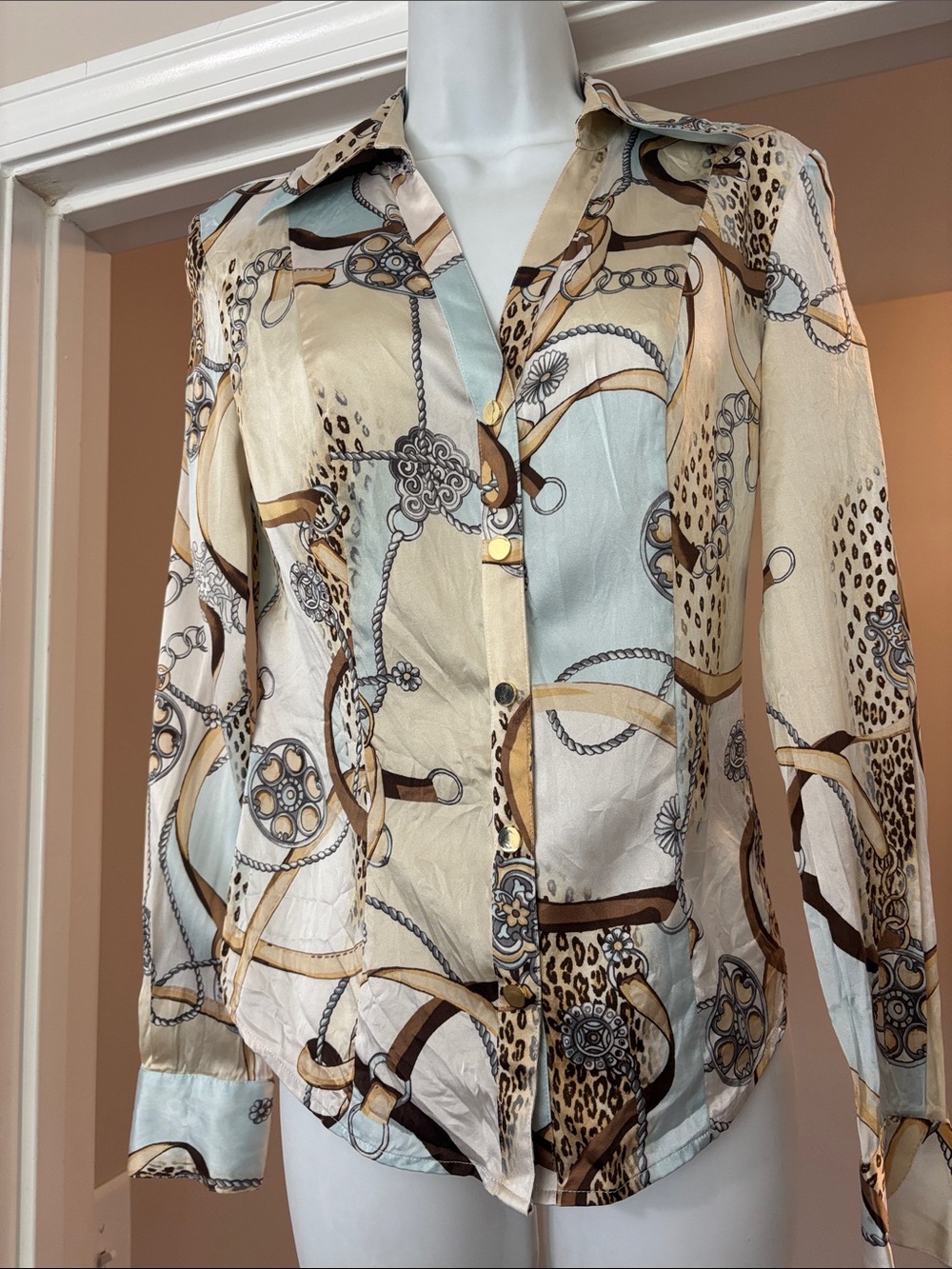 100% Silk Cache Chain & Leopard Print Blouse in Cream and Light Blue
